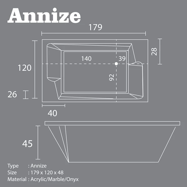 Bathtub Minipool VR ANNIZE Marble Ukuran 179 x 120 x 48