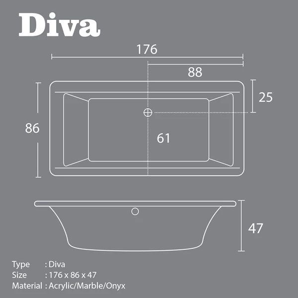 Bathtub Long VR DIVA Marble Ukuran 176 x 86 x 47