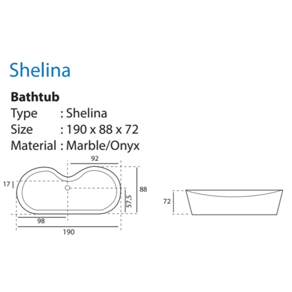 Bathtub Standing VR SHELINA Marble Ukuran 190 x 88 x 72