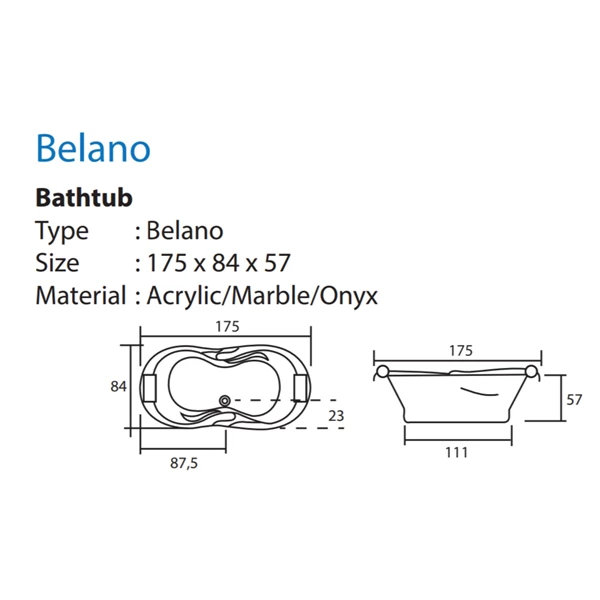 Bathtub Long VR BELANO Marble Ukuran 175 x 84 x 57