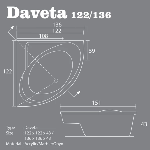 Bathtub Sudut Corner VR DAVETA 122 Marbel Ukuran 122 x 122 x 43