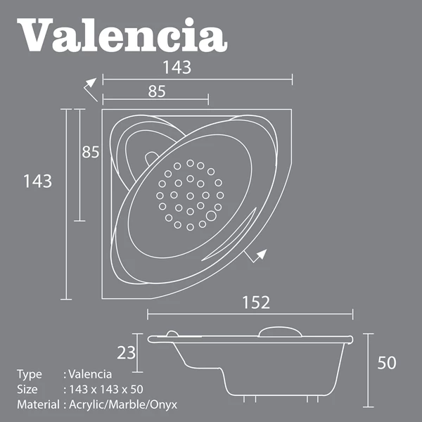 Bathtub Sudut Corner VR VALENCIA Marble Ukuran 143 x 143 x 50